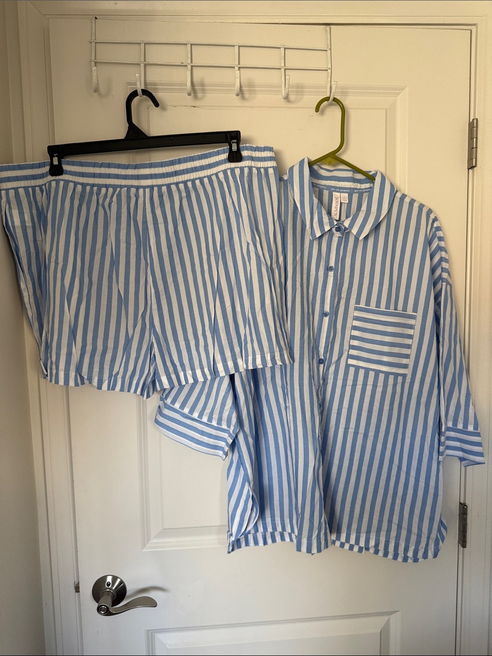 Women's Blue & White Striped Pajama Set - Button Front Top & Shorts
